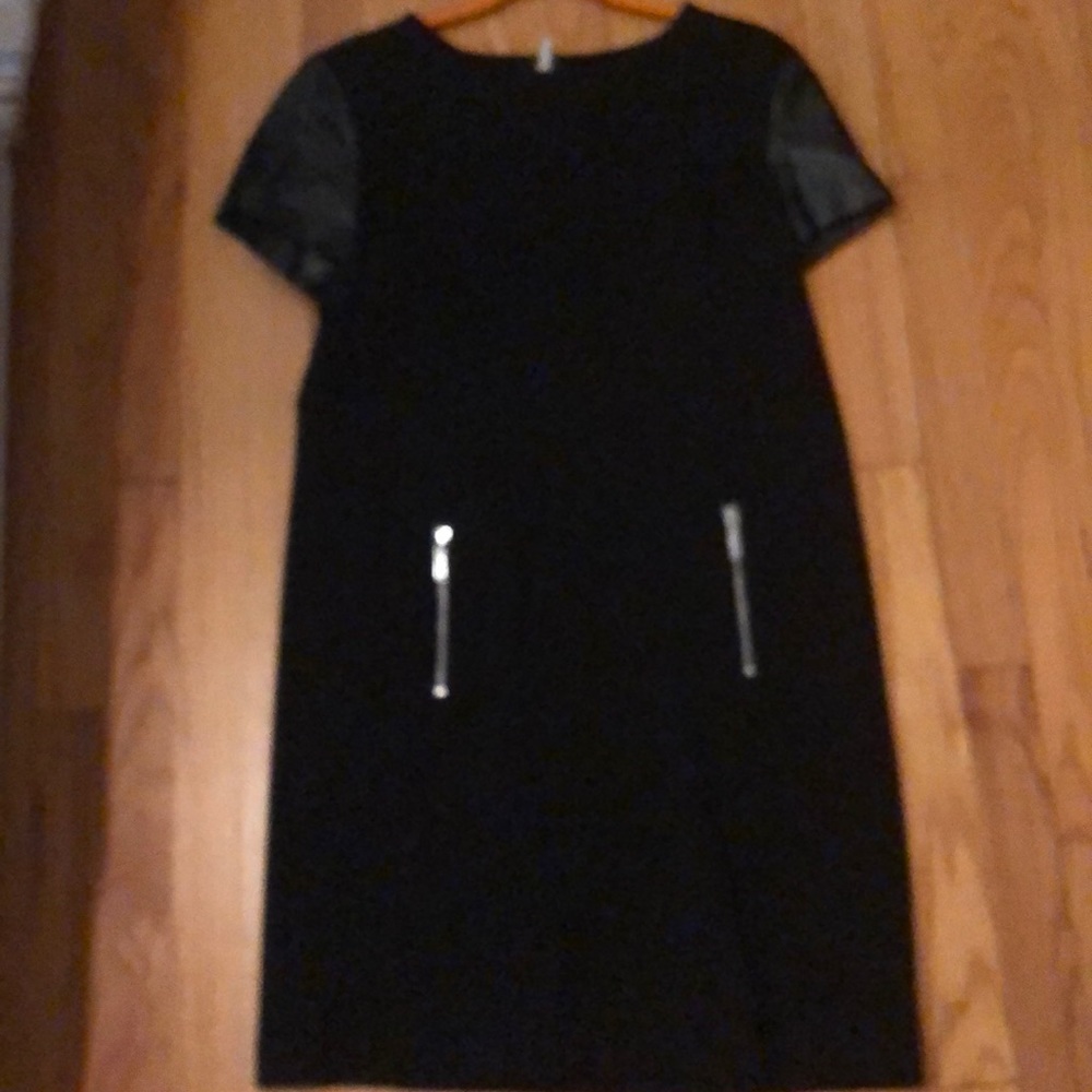 Black ponte dress w faux leather sleeves